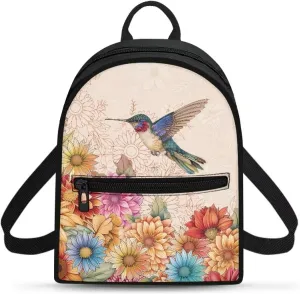 Boho Floral Hummingbird Purse Backpack for Women Small Backpack Purse Womens Fashion Back Packs with Zipper Lightweight Travel Daypack Casual Shoulder Bags for Work Hiking