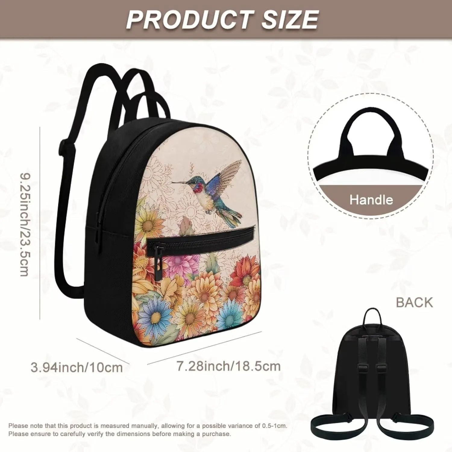 Boho Floral Hummingbird Purse Backpack for Women Small Backpack Purse Womens Fashion Back Packs with Zipper Lightweight Travel Daypack Casual Shoulder Bags for Work Hiking