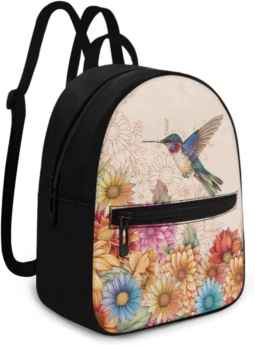 Boho Floral Hummingbird Purse Backpack for Women Small Backpack Purse Womens Fashion Back Packs with Zipper Lightweight Travel Daypack Casual Shoulder Bags for Work Hiking