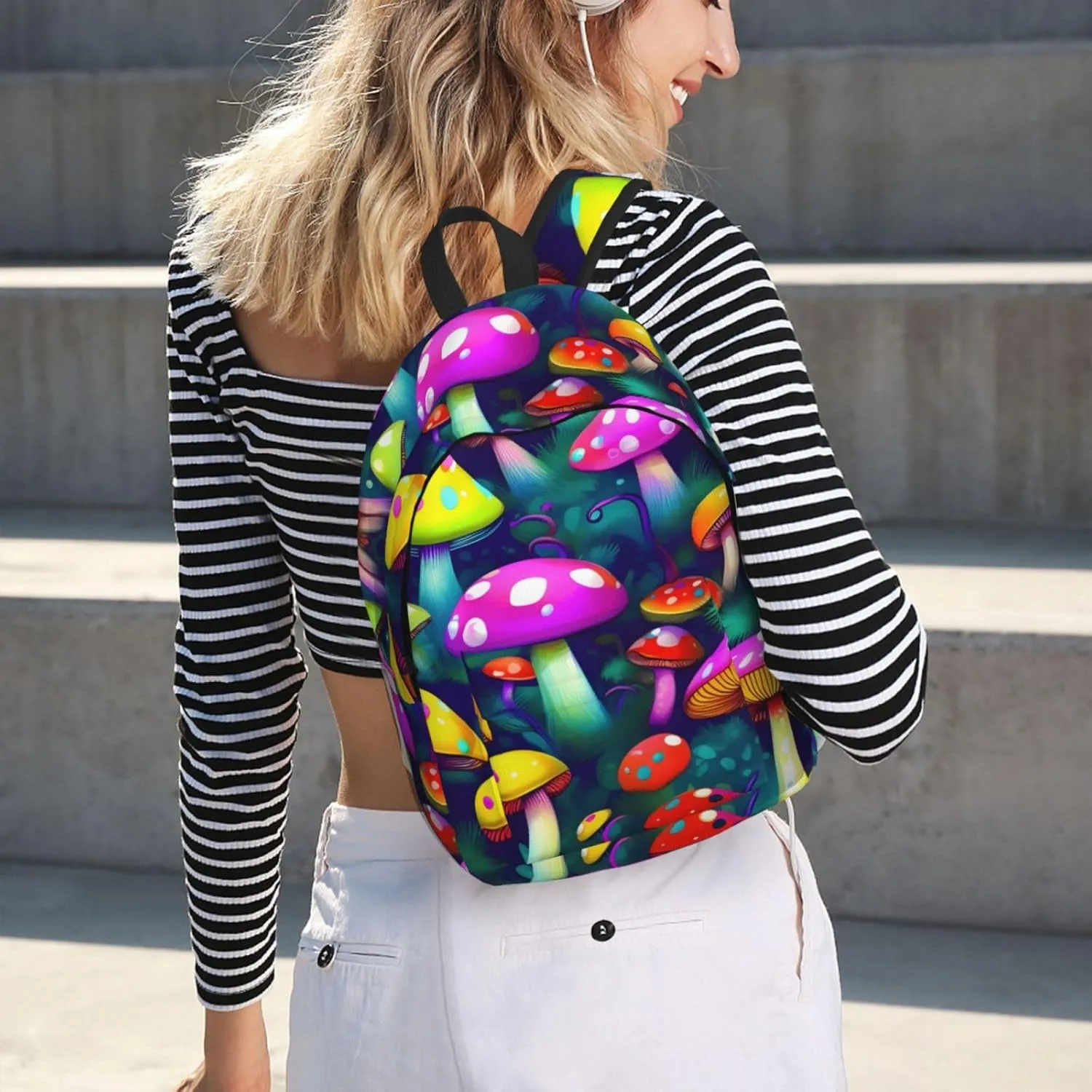Bright Mushrooms Art Print Canvas Backpack Women,Mens Travel Casual Daypack Bookbag For Laptop Work Travel Hiking