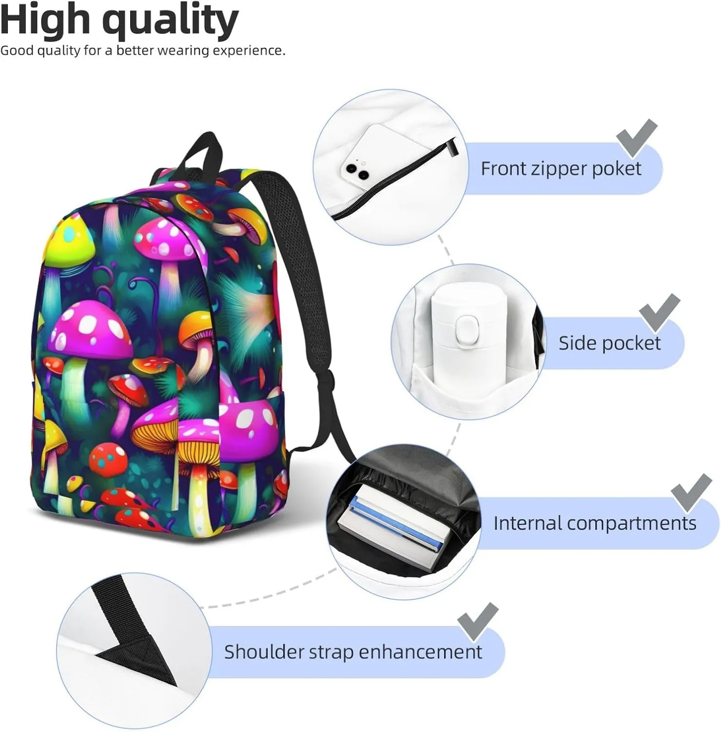 Bright Mushrooms Art Print Canvas Backpack Women,Mens Travel Casual Daypack Bookbag For Laptop Work Travel Hiking