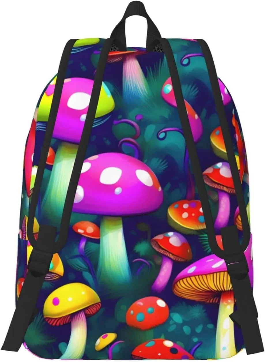 Bright Mushrooms Art Print Canvas Backpack Women,Mens Travel Casual Daypack Bookbag For Laptop Work Travel Hiking