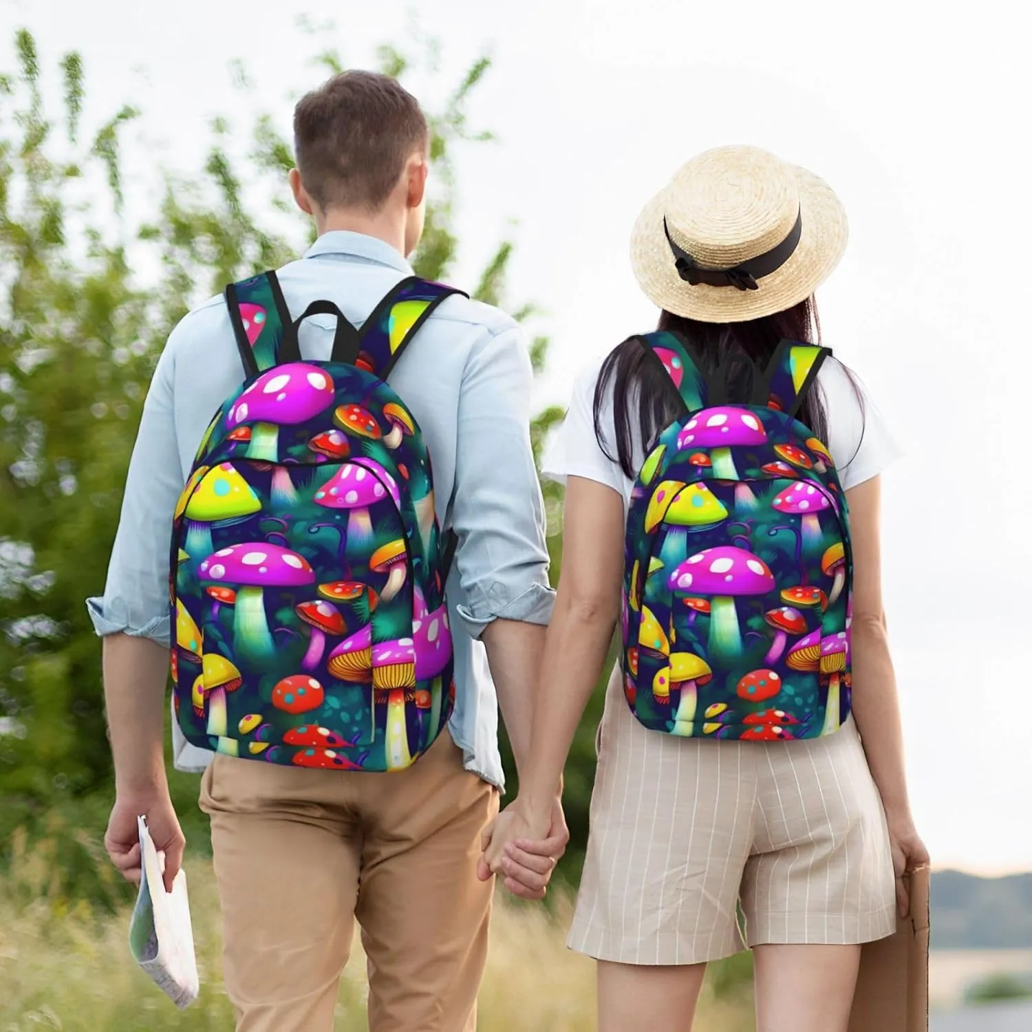 Bright Mushrooms Art Print Canvas Backpack Women,Mens Travel Casual Daypack Bookbag For Laptop Work Travel Hiking
