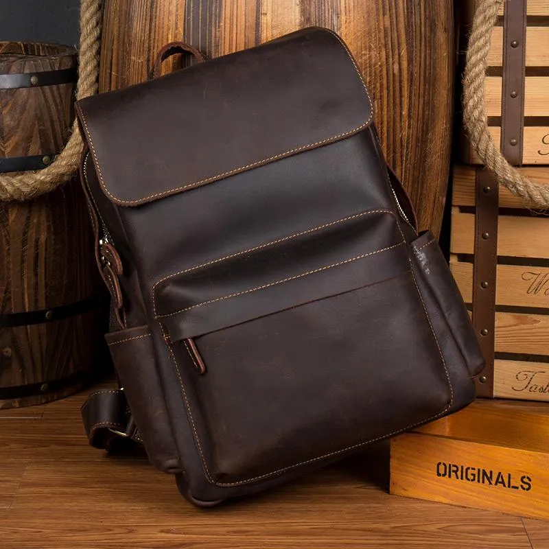 Brown Casual Mens Leather 15inches Computer Backpacks Black Travel Backpack College Backpacks for men