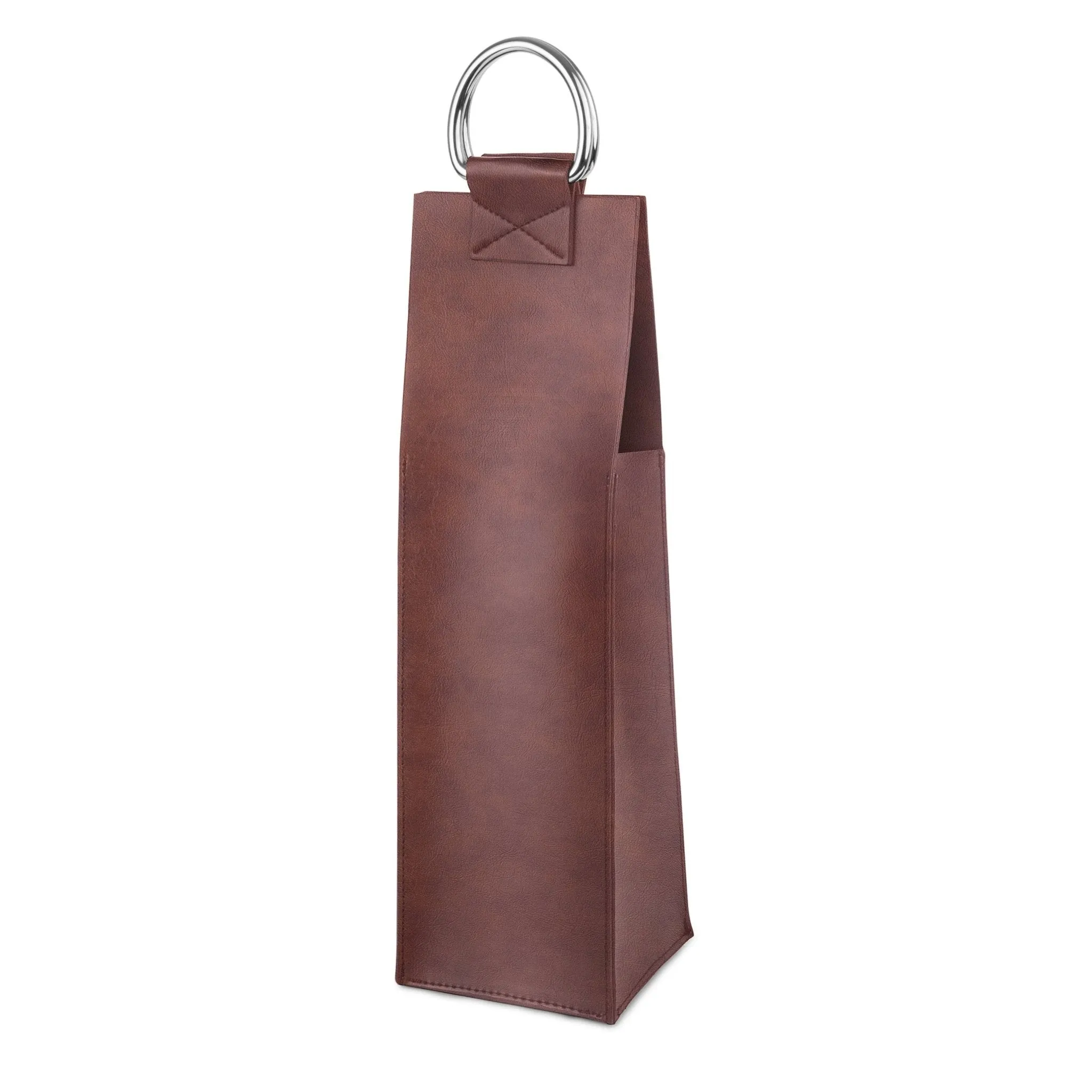Brown Faux Leather Single-Bottle Wine Tote