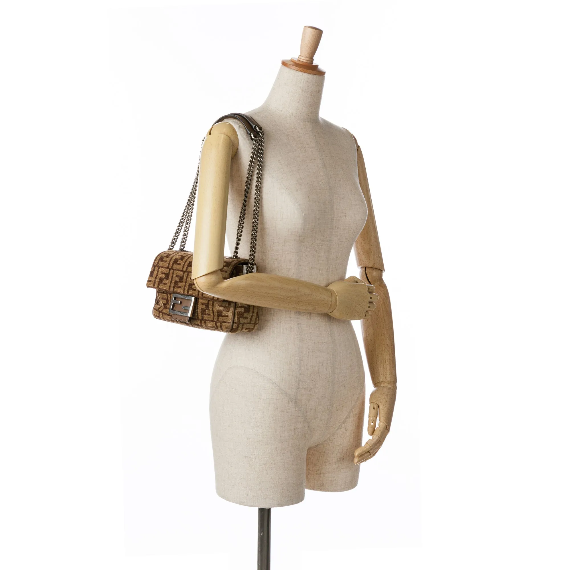 Brown Fendi Zucca Wool Chain Midi Baguette Shoulder Bag