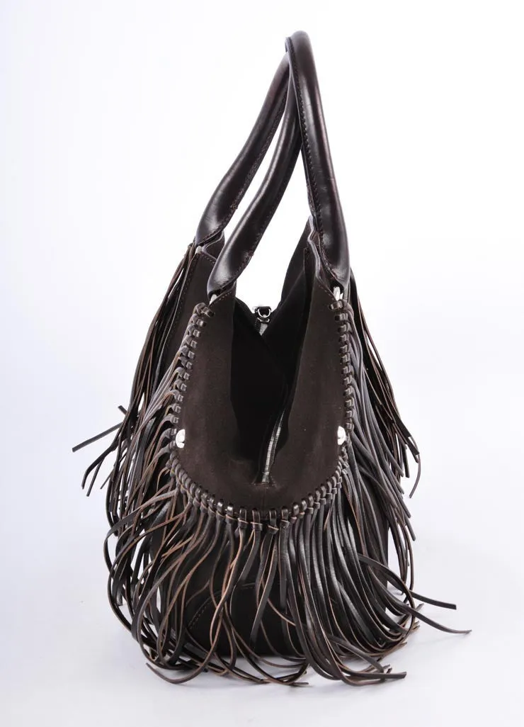 Brown Leather Fringe Satchel Bag