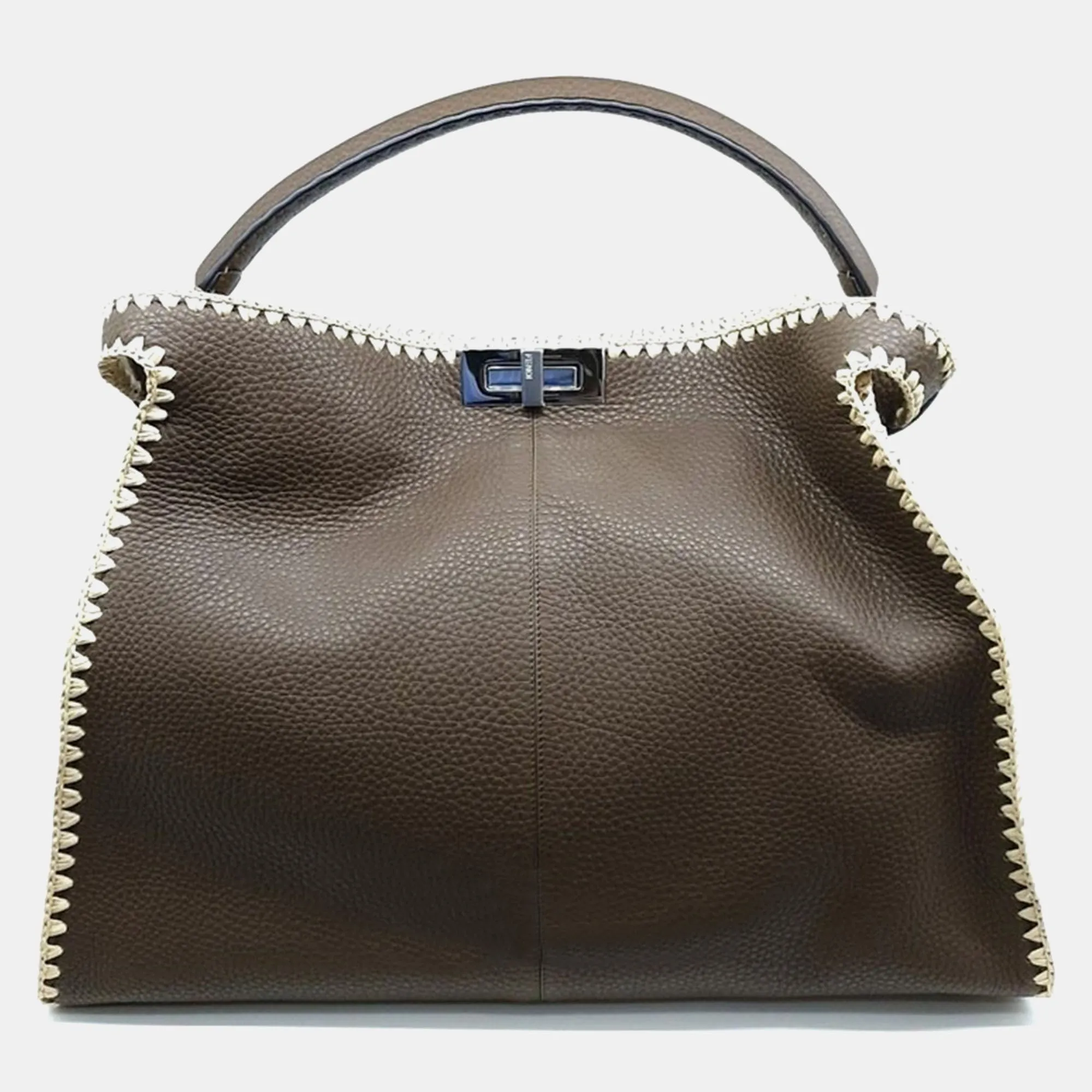 Brown Leather Raffia-Trimmed X-Lite Peekaboo Large Top Handle Bag
