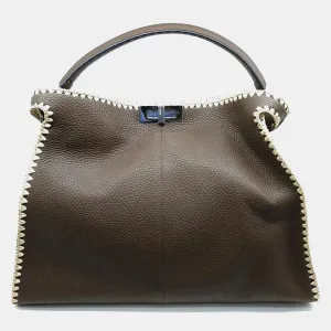 Brown Leather Raffia-Trimmed X-Lite Peekaboo Large Top Handle Bag
