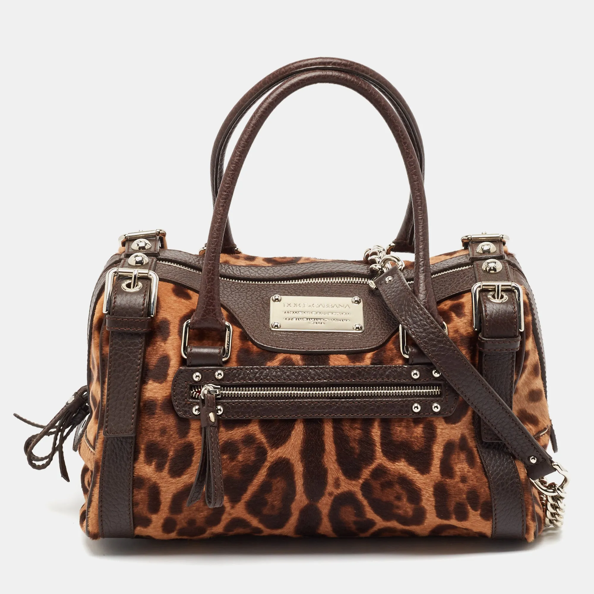 Brown Leopard Print Calf Hair Miss Easy Way Satchel