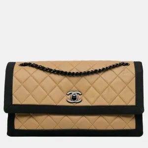 Brown/Beige Medium Quilted Lambskin Grosgrain Two Tone Flap