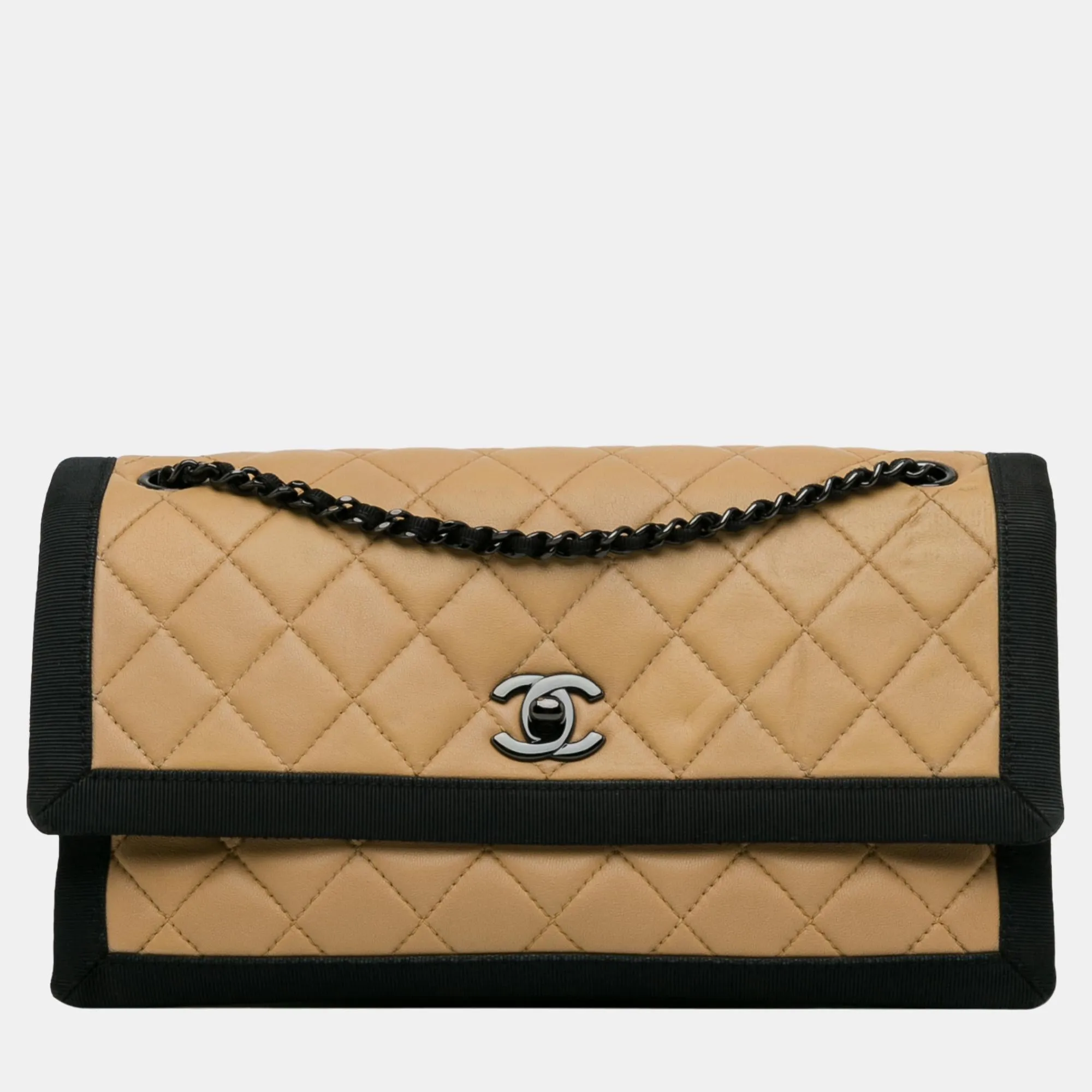 Brown/Beige Medium Quilted Lambskin Grosgrain Two Tone Flap