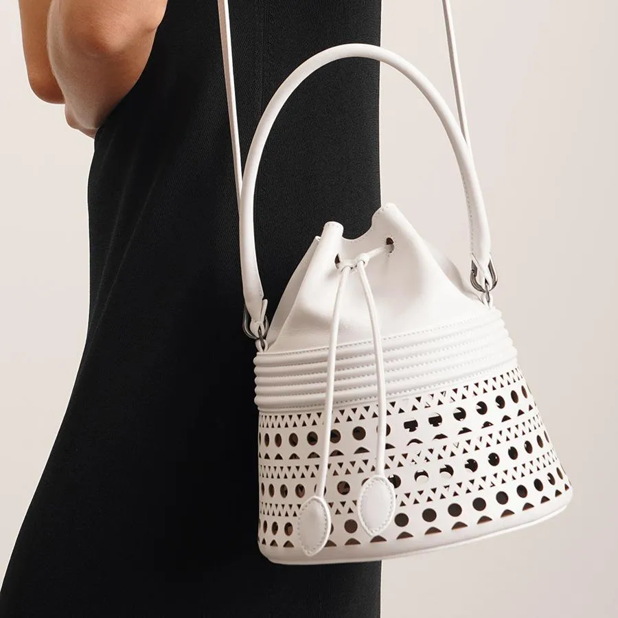 Bucket corset optic white leather bag