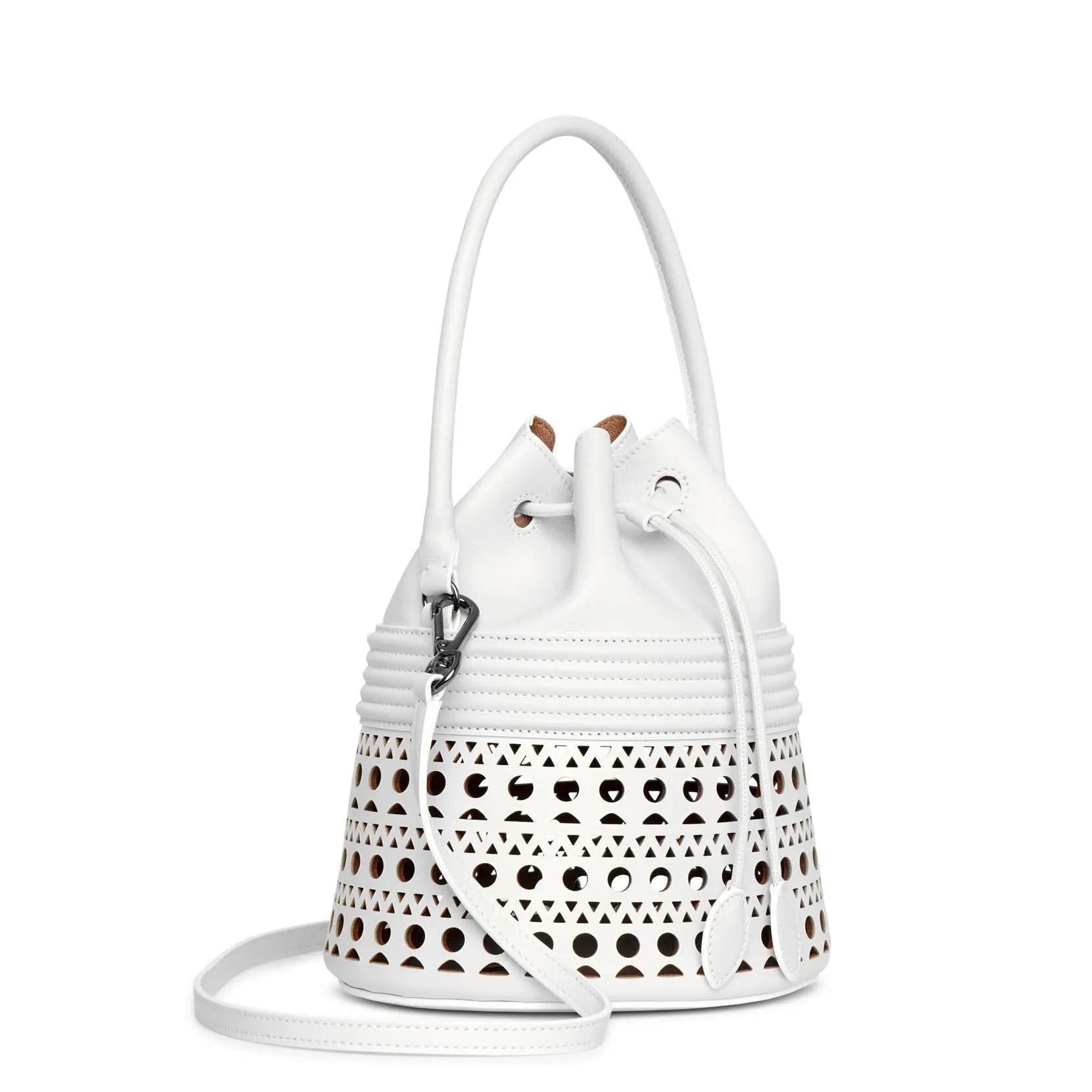 Bucket corset optic white leather bag
