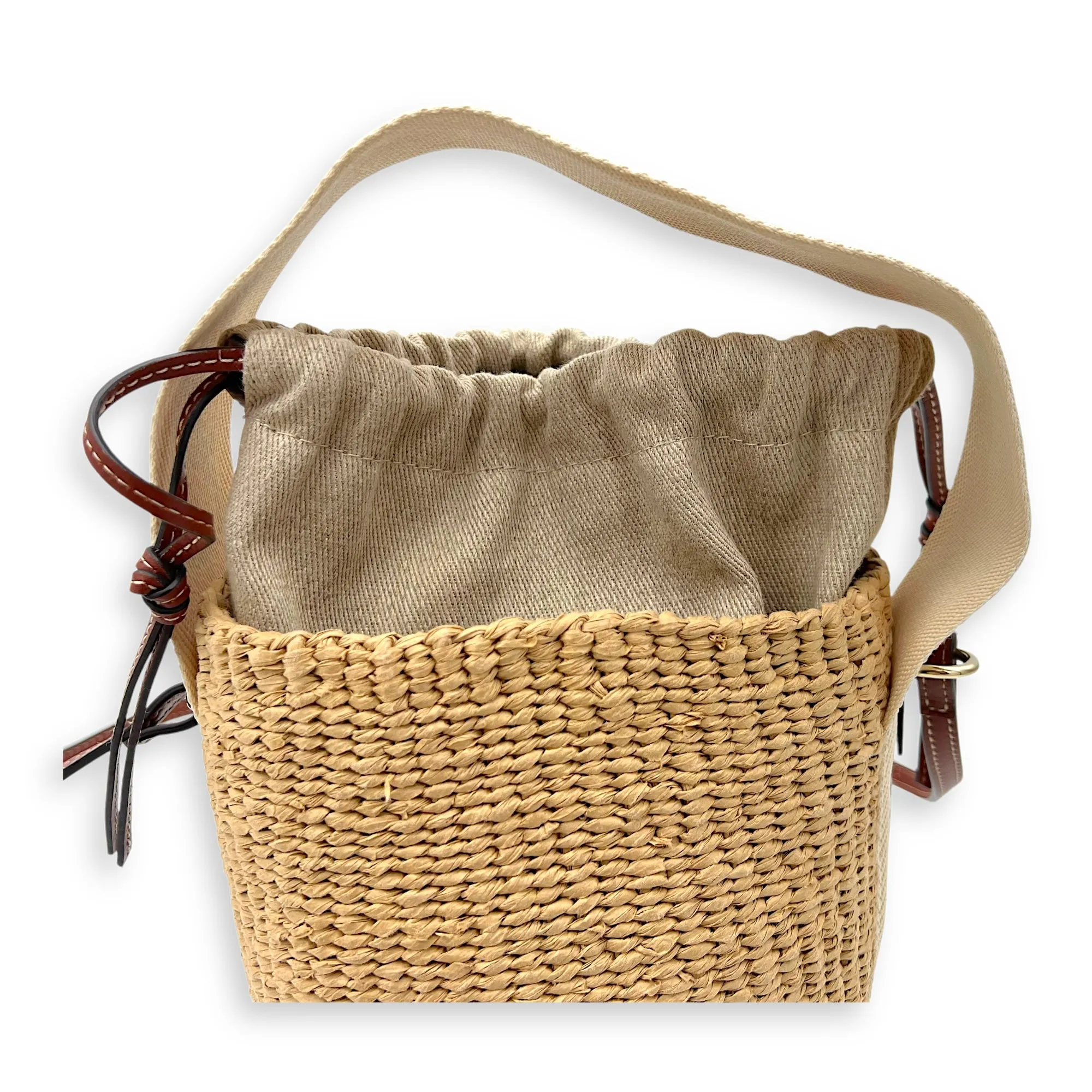 Bucket Crossbody Bag Brown in Jute, Gold hardware