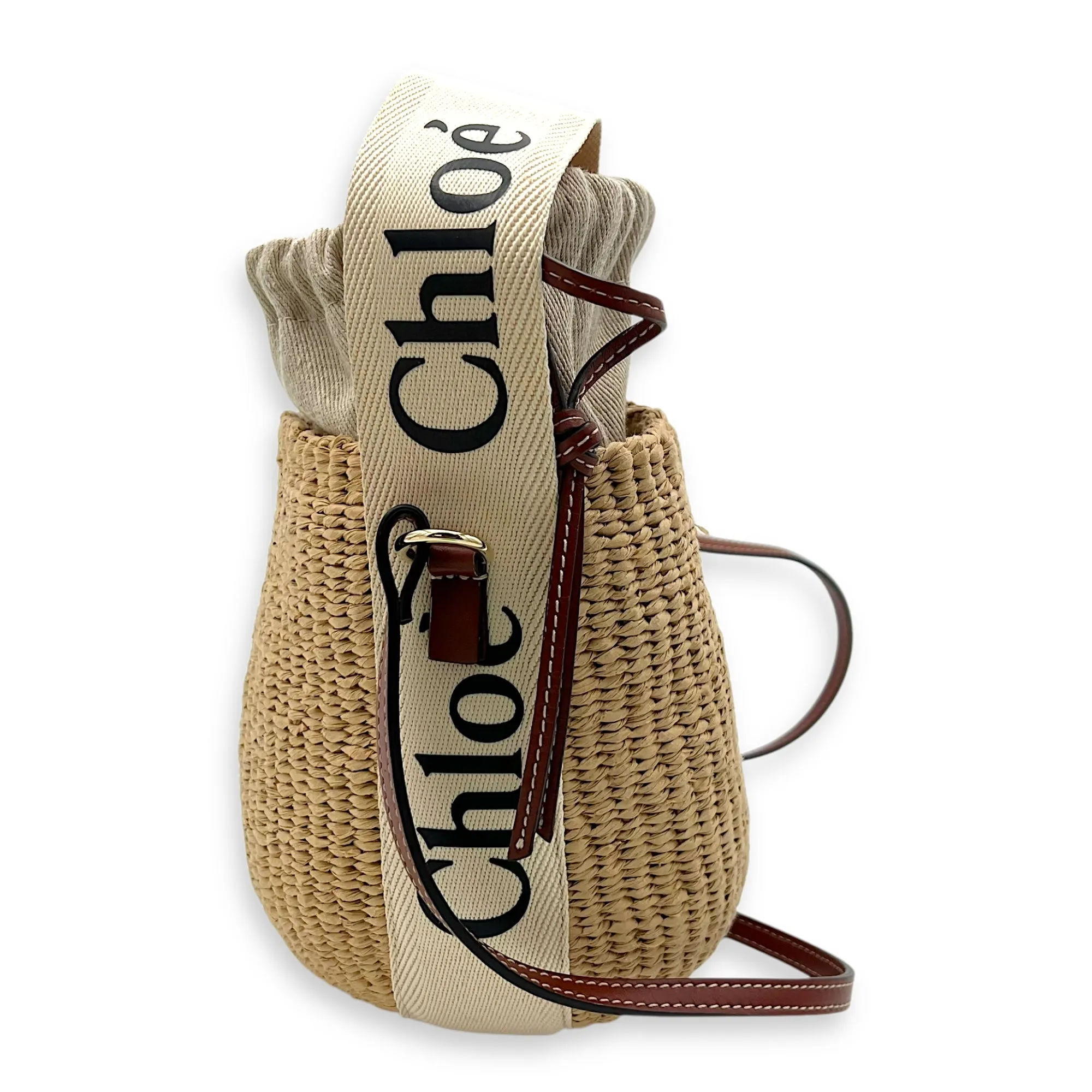 Bucket Crossbody Bag Brown in Jute, Gold hardware