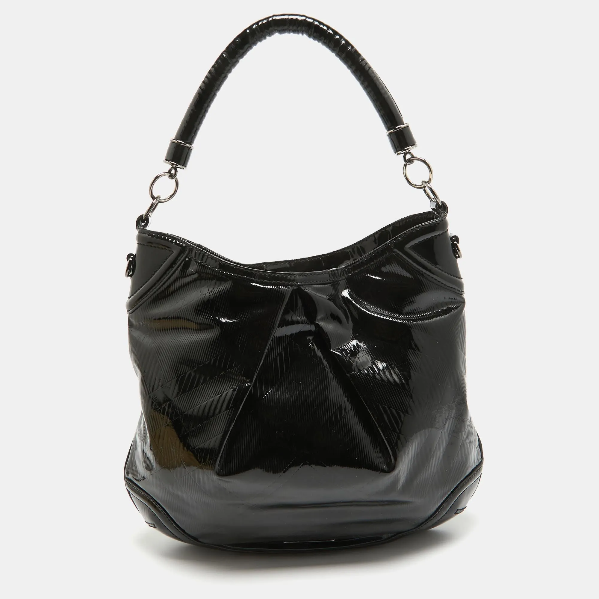 BURBERRY Black Textured Patent Leather Hobo