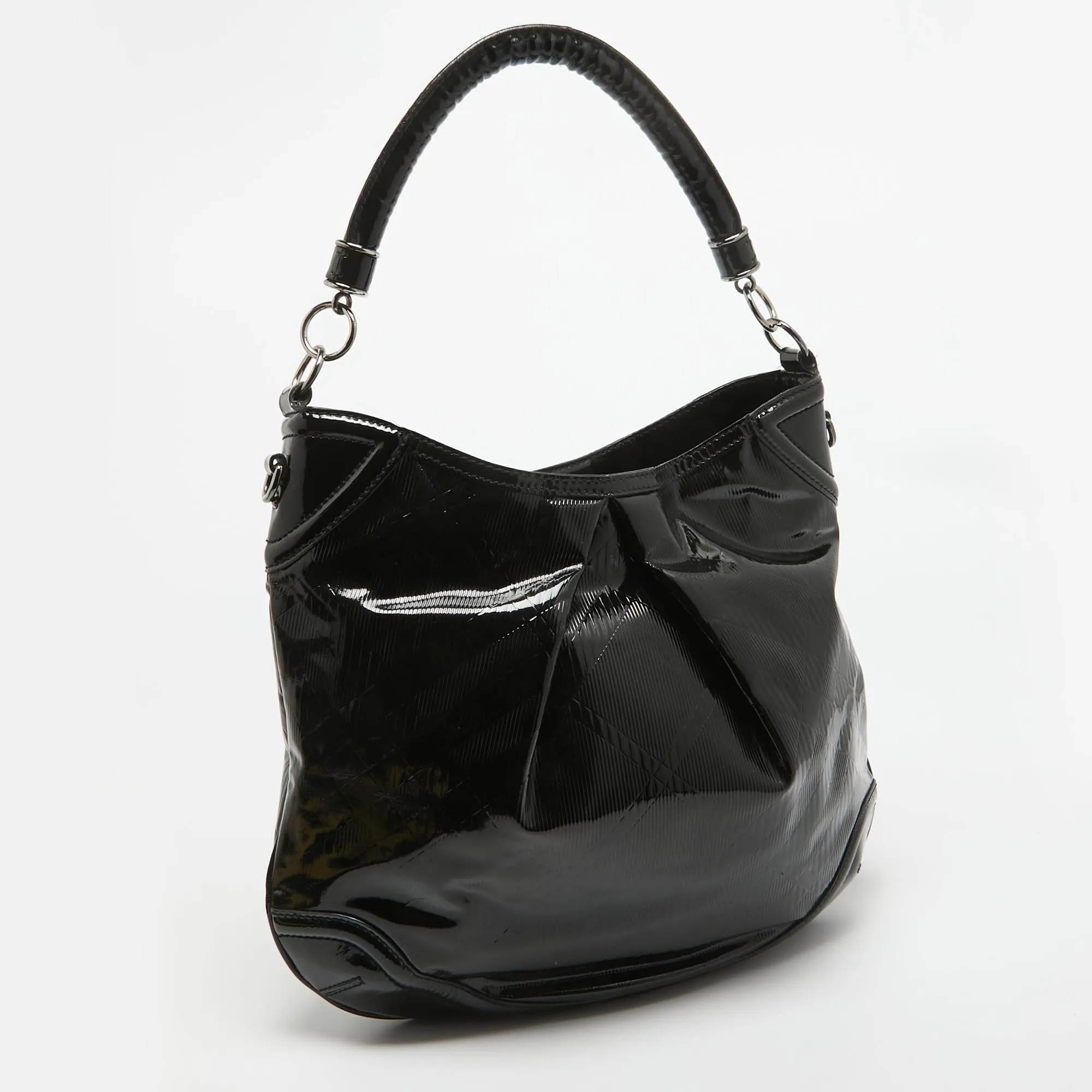 BURBERRY Black Textured Patent Leather Hobo