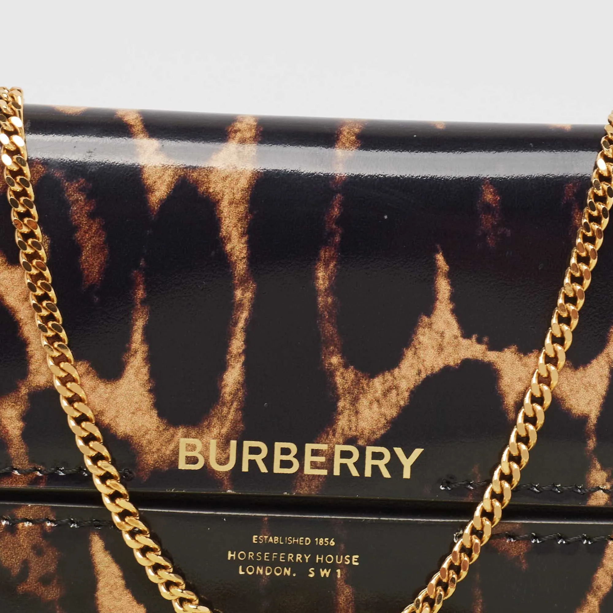 BURBERRY Black/Brown Leopard Print Leather Jody Chain Card Case