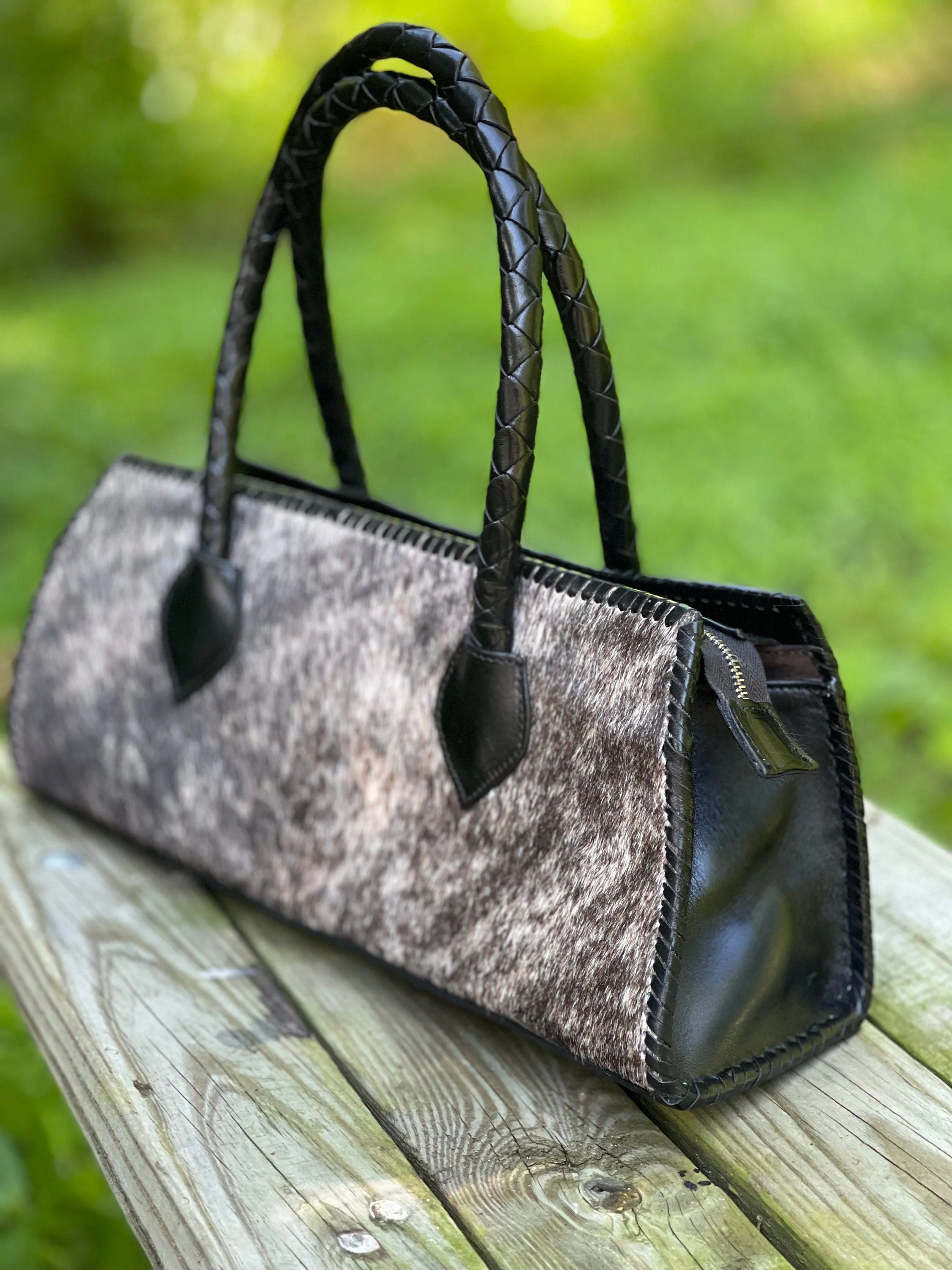 Calf Hair Leather Satchel Bag, "LARGA PELO" GRAY by ALLE