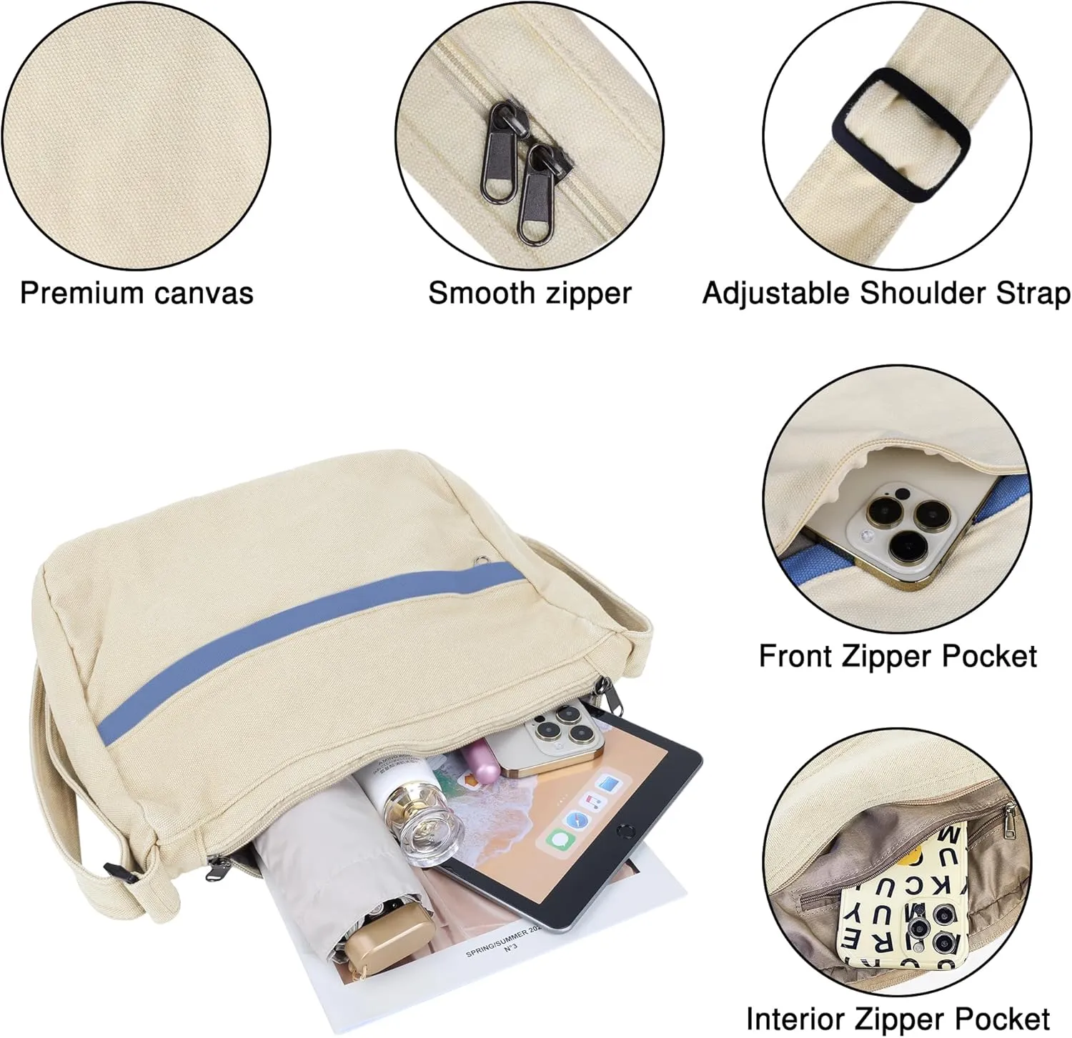 Canvas Messenger Bag Large Hobo Crossbody Bag with Zipper Casual Shoulder Tote Handbag for Women and Men