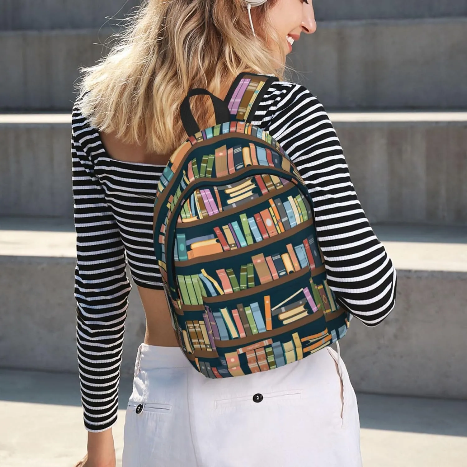 Cartoon Bookshelf Bookworm Print Canvas Backpack Women,Mens Travel Casual Daypack Bookbag For Laptop Work Travel Hiking