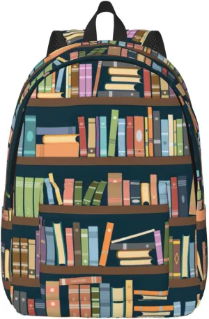 Cartoon Bookshelf Bookworm Print Canvas Backpack Women,Mens Travel Casual Daypack Bookbag For Laptop Work Travel Hiking