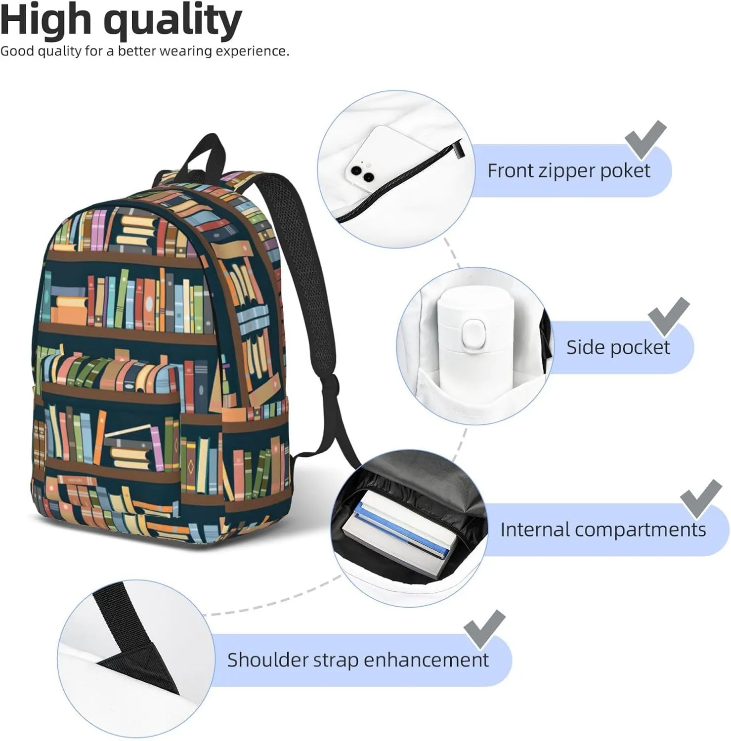 Cartoon Bookshelf Bookworm Print Canvas Backpack Women,Mens Travel Casual Daypack Bookbag For Laptop Work Travel Hiking