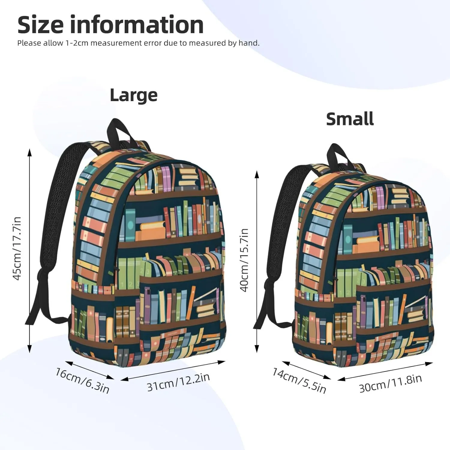 Cartoon Bookshelf Bookworm Print Canvas Backpack Women,Mens Travel Casual Daypack Bookbag For Laptop Work Travel Hiking