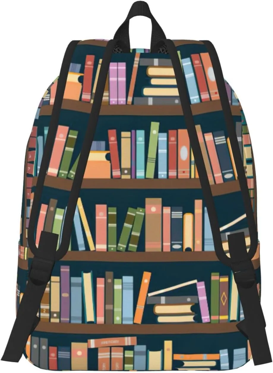 Cartoon Bookshelf Bookworm Print Canvas Backpack Women,Mens Travel Casual Daypack Bookbag For Laptop Work Travel Hiking