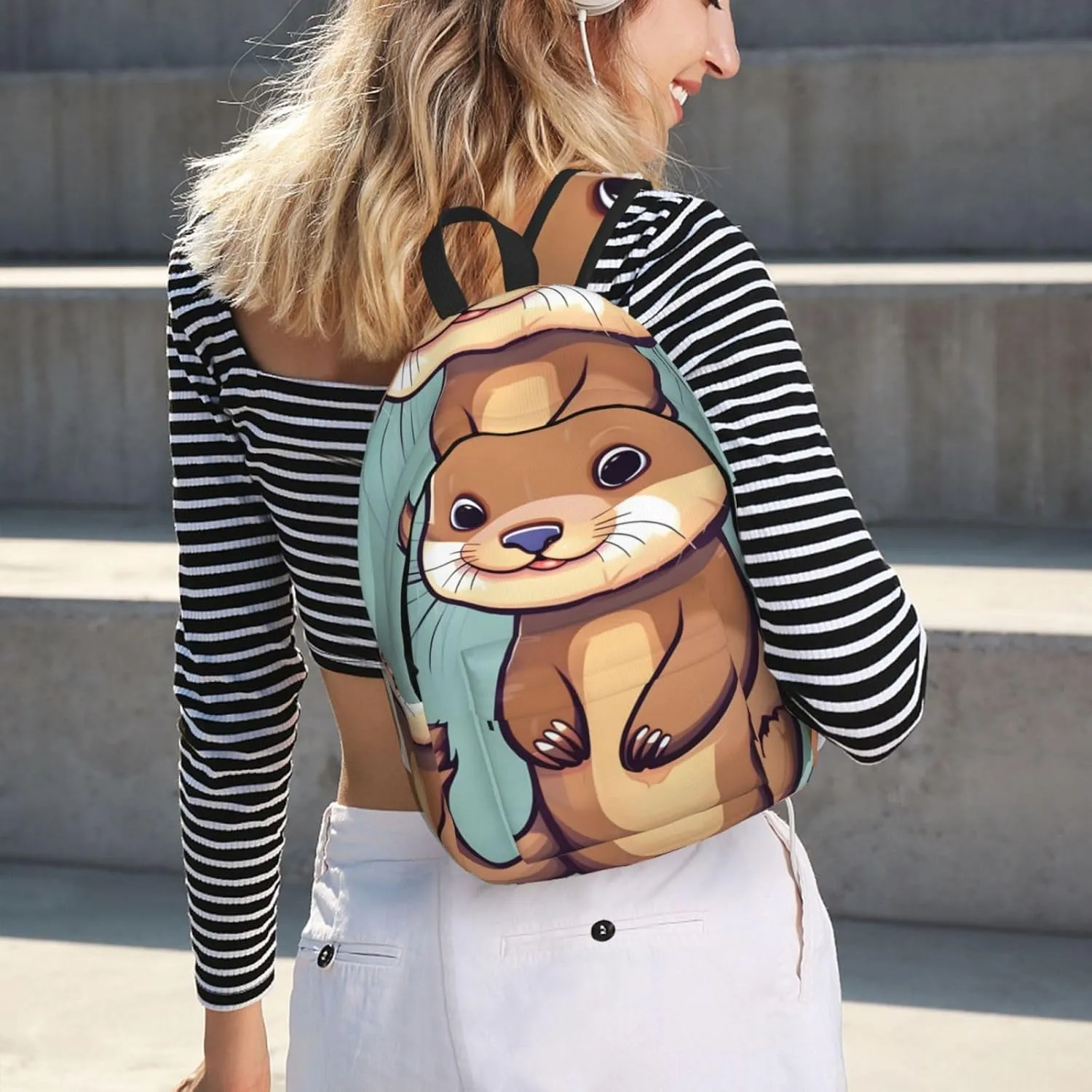 Cartoon Cute Otters Print Canvas Backpack Women,Mens Travel Casual Daypack Bookbag For Laptop Work Travel Hiking