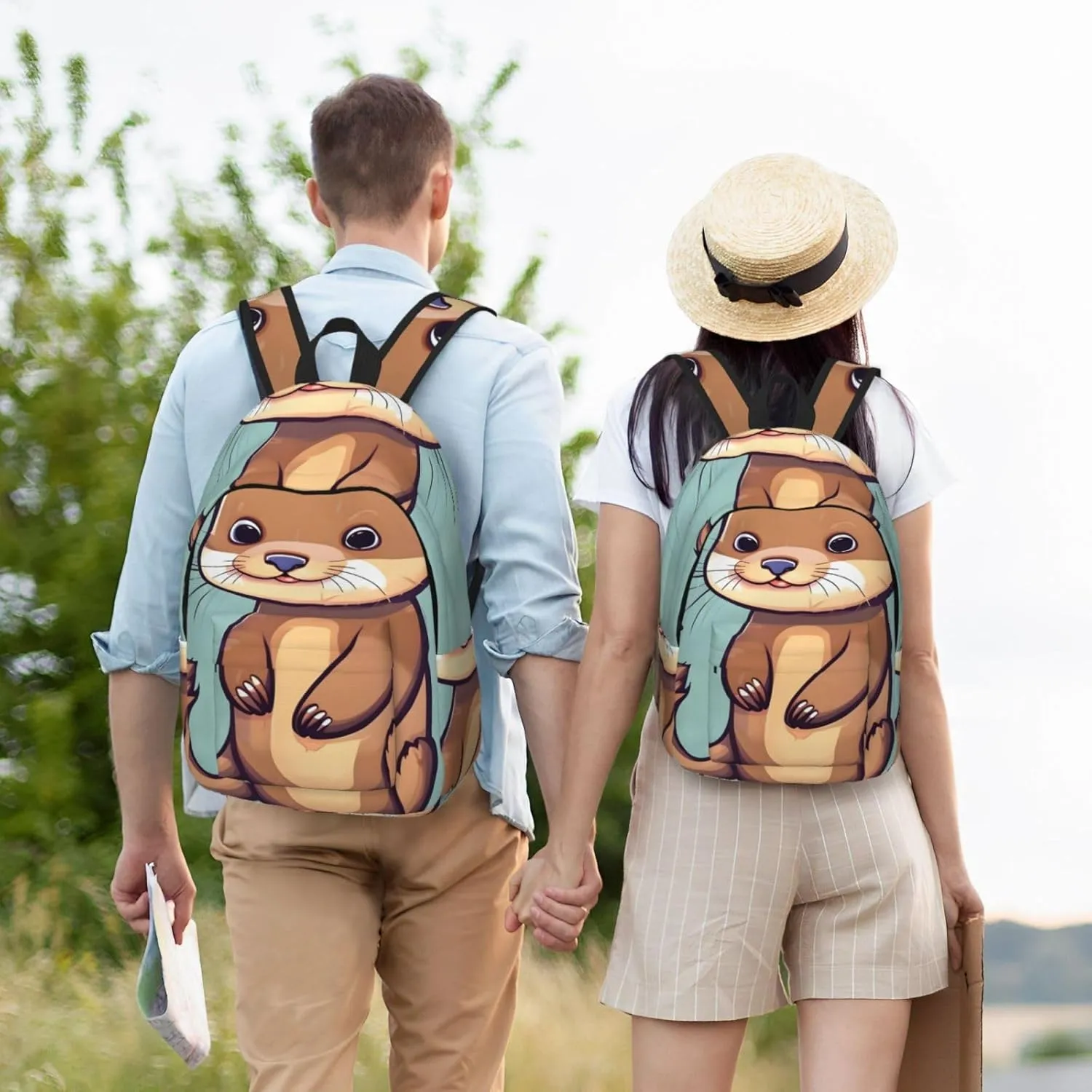 Cartoon Cute Otters Print Canvas Backpack Women,Mens Travel Casual Daypack Bookbag For Laptop Work Travel Hiking