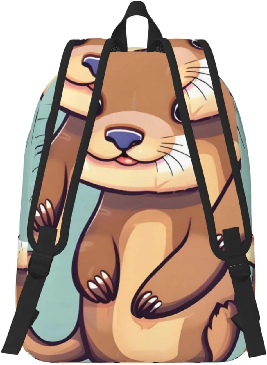 Cartoon Cute Otters Print Canvas Backpack Women,Mens Travel Casual Daypack Bookbag For Laptop Work Travel Hiking