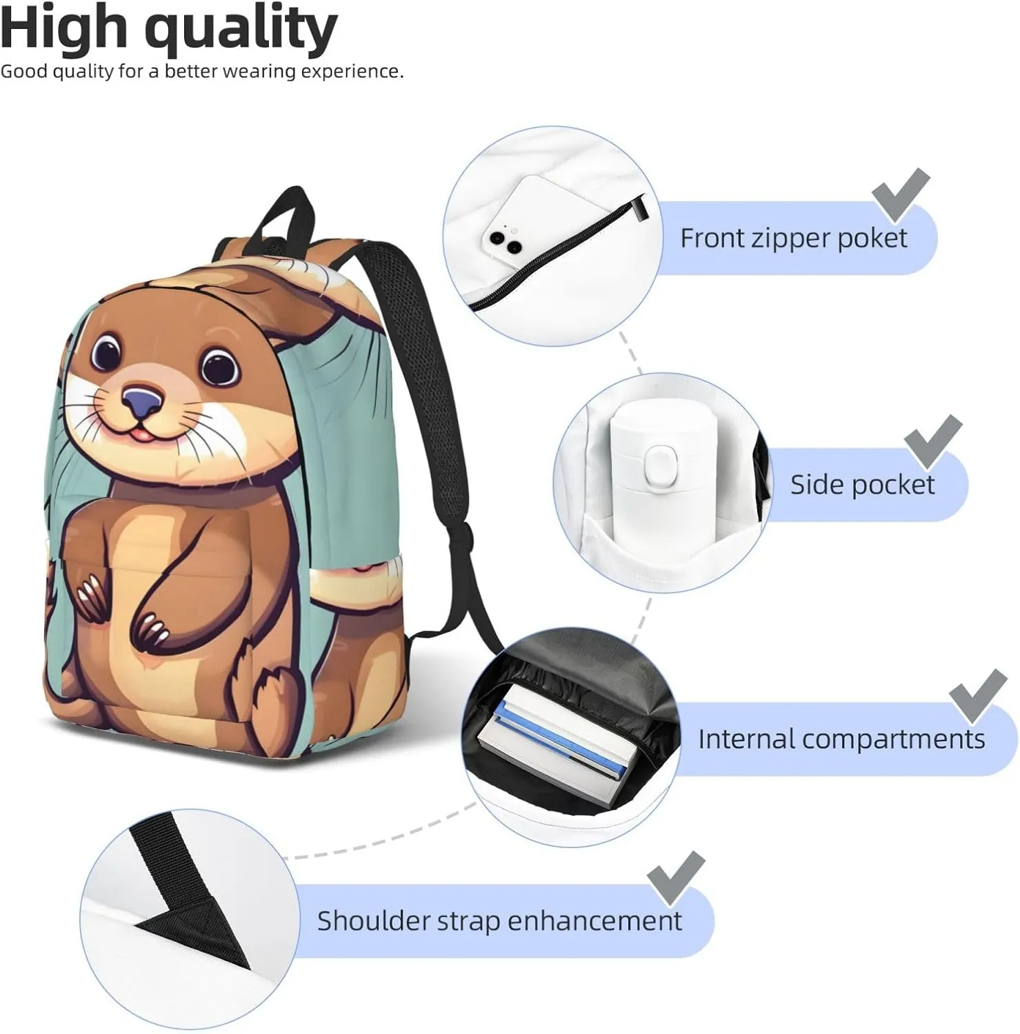 Cartoon Cute Otters Print Canvas Backpack Women,Mens Travel Casual Daypack Bookbag For Laptop Work Travel Hiking