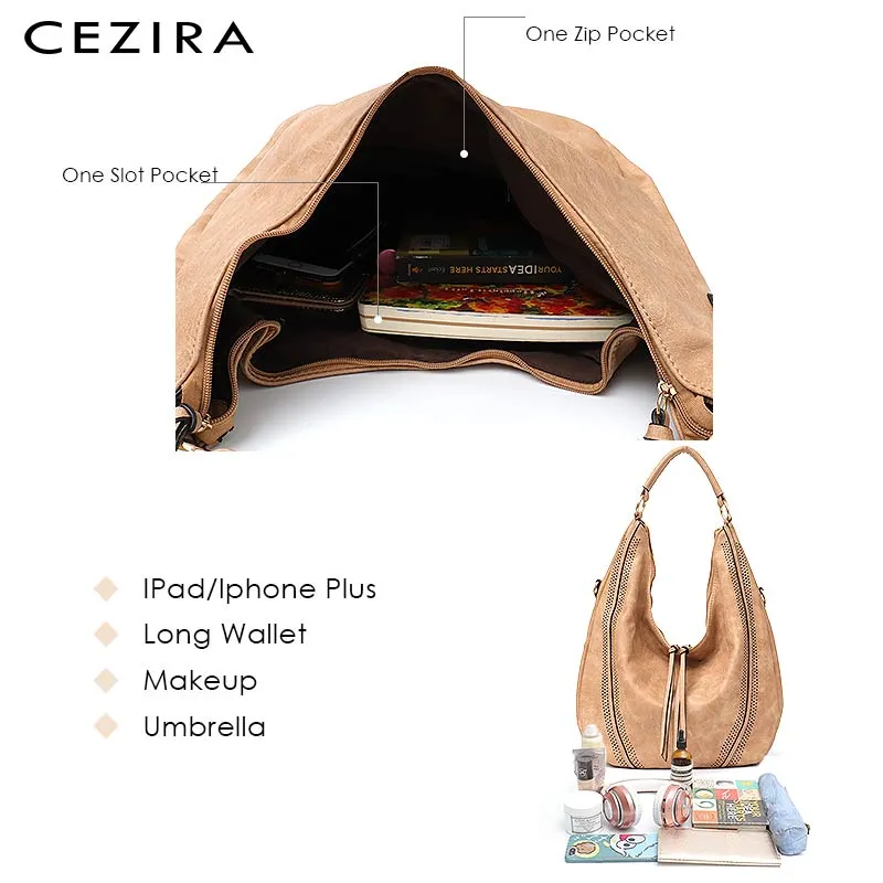 CEZIRA New Fashion Women Handbags Soft Ladies PU Leather Shoulder Bags Hollow Out Large Female Hobos Zipper Tassel Tote Bags
