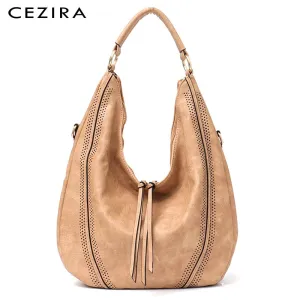 CEZIRA New Fashion Women Handbags Soft Ladies PU Leather Shoulder Bags Hollow Out Large Female Hobos Zipper Tassel Tote Bags