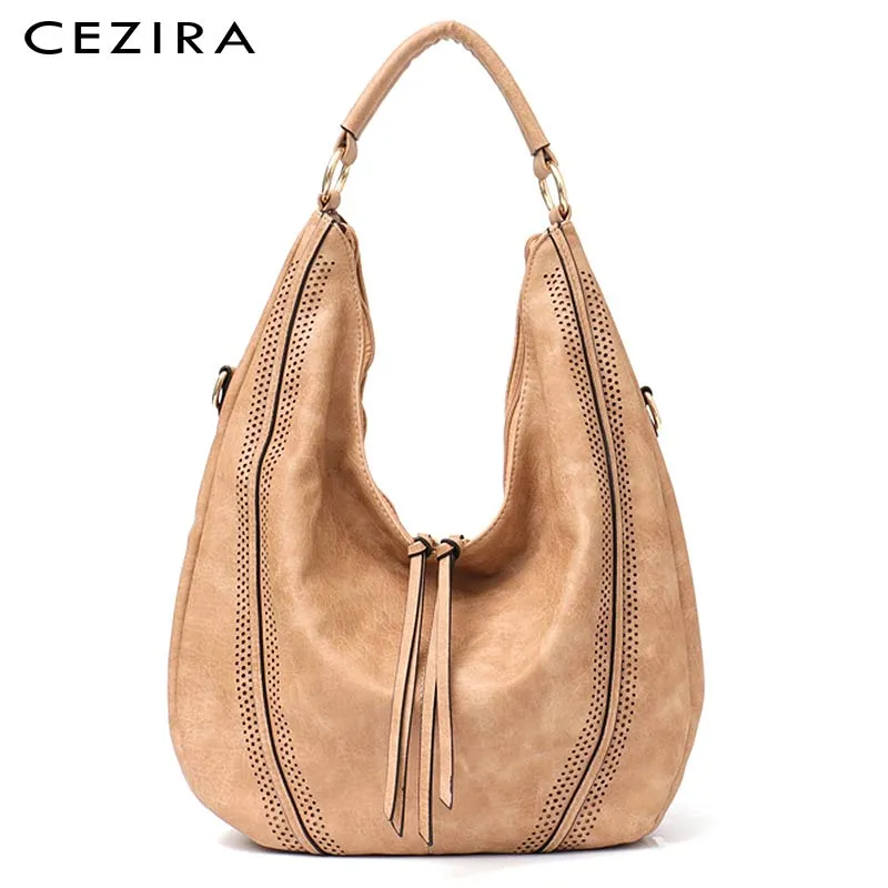 CEZIRA New Fashion Women Handbags Soft Ladies PU Leather Shoulder Bags Hollow Out Large Female Hobos Zipper Tassel Tote Bags