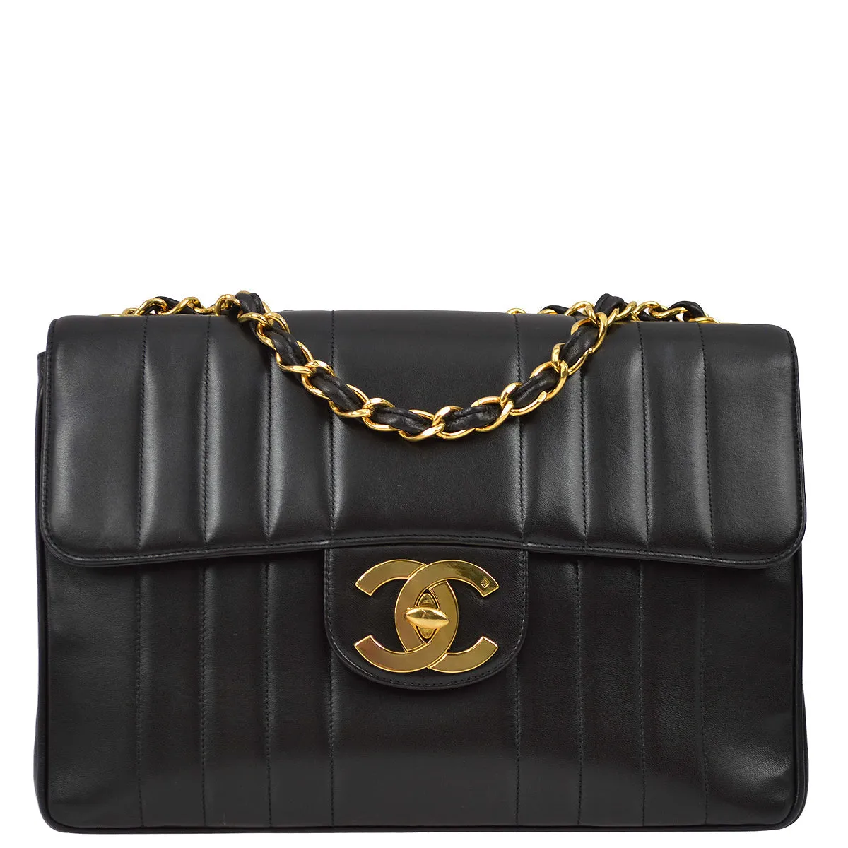 Chanel 1994-1996 Black Lambskin Jumbo Vertical Stitch Classic Flap Bag