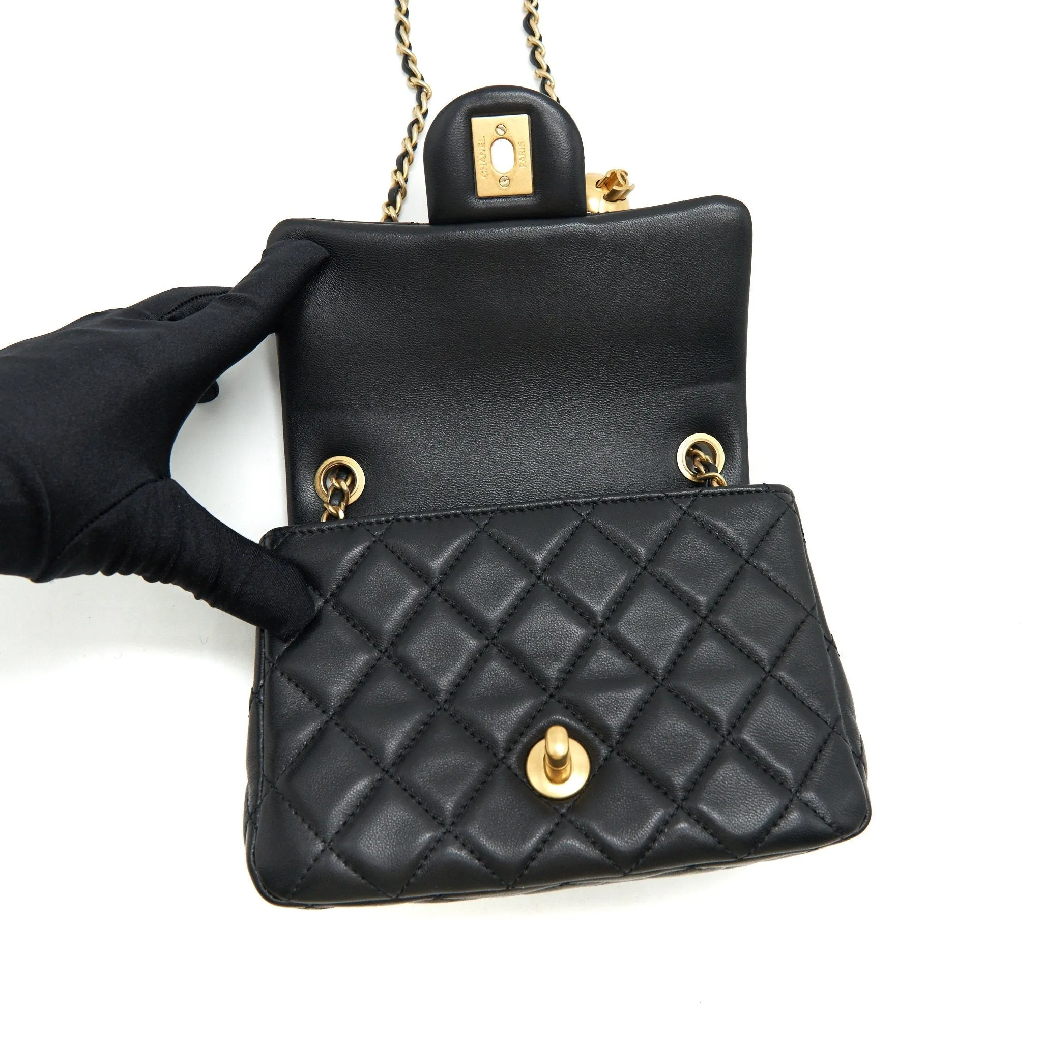 Chanel 21B Pearl Crush Mini Square Flap Bag Black GHW