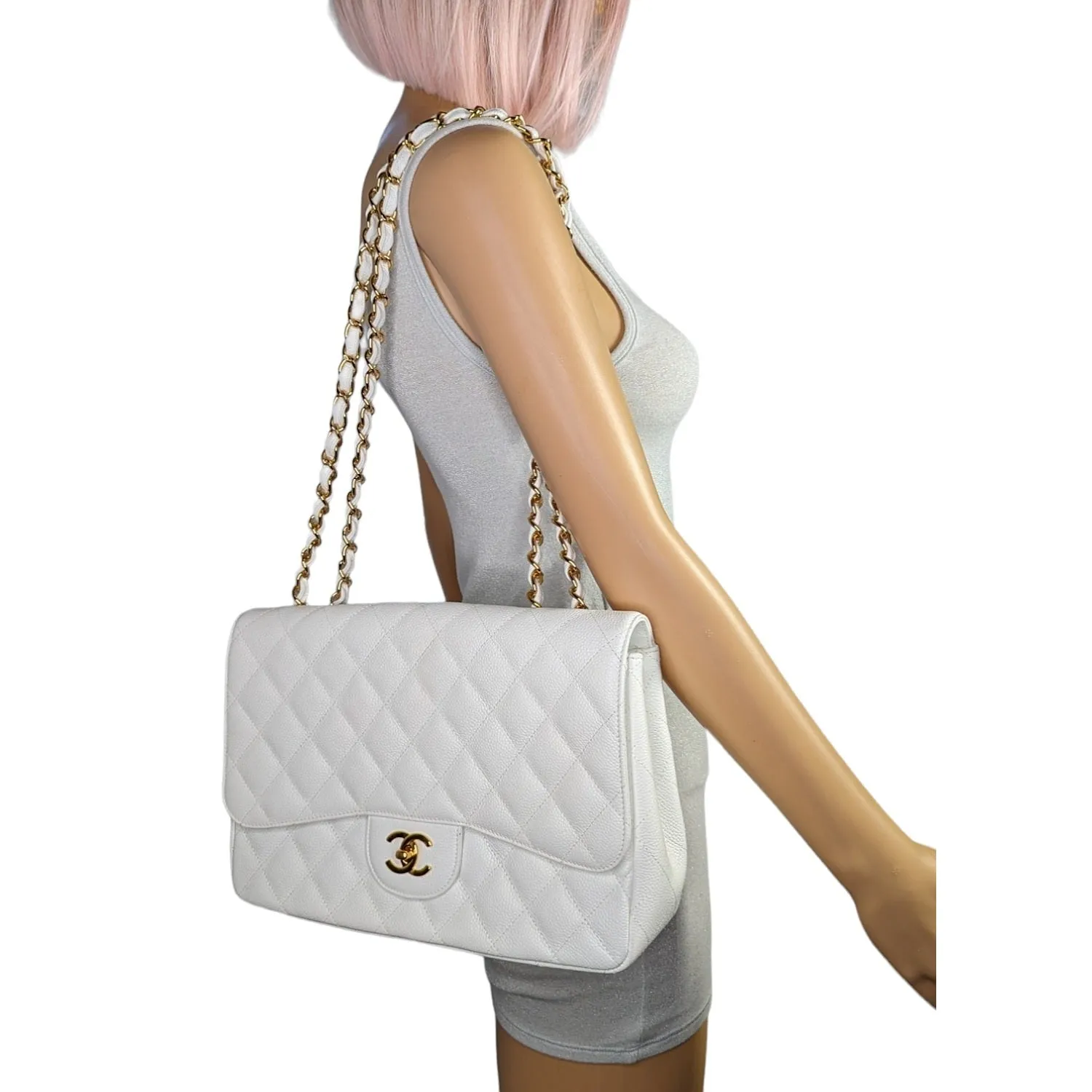 Chanel bags Vintage Classic Quilted Caviar Single White Jumbo Flap
