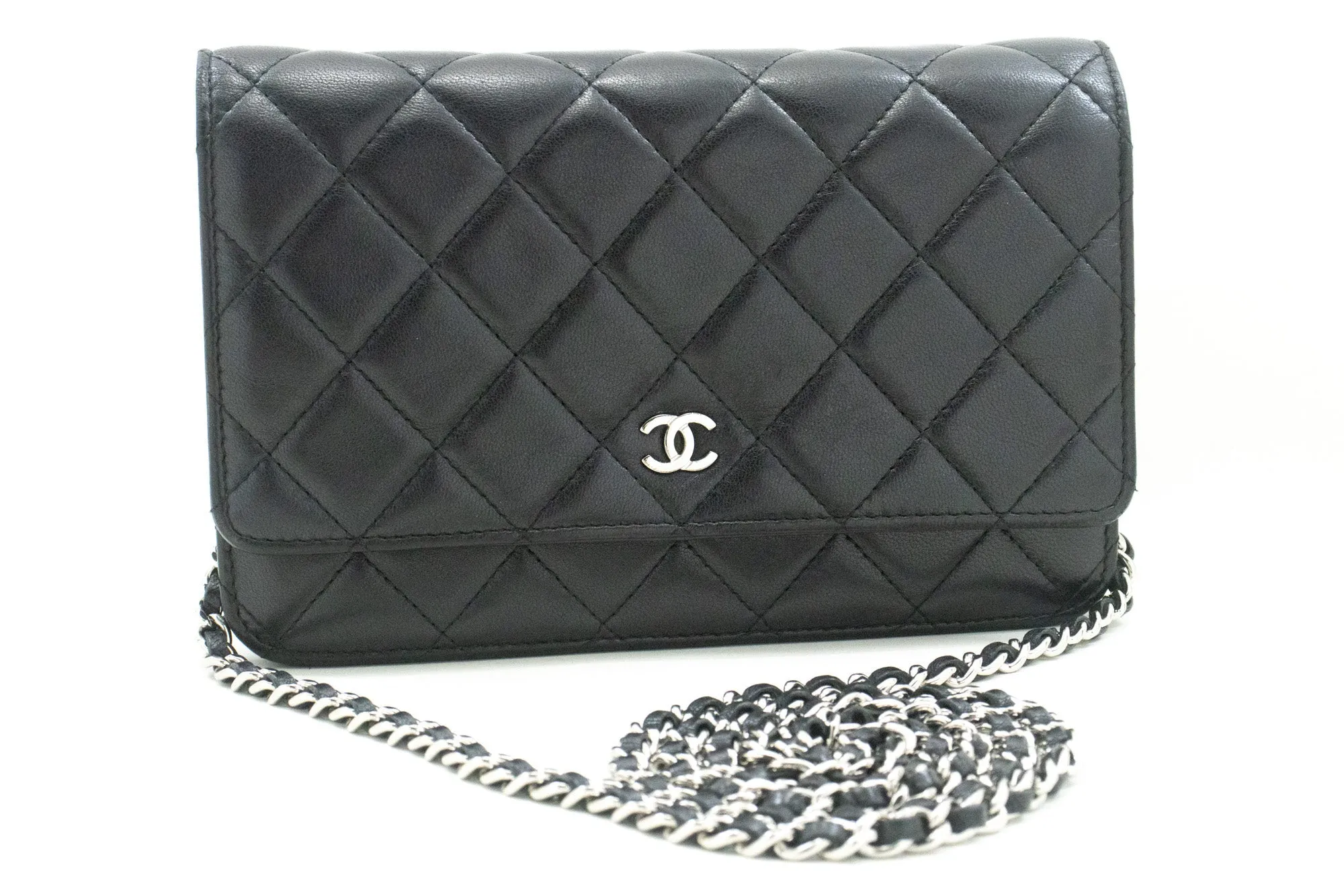 CHANEL Black Classic Wallet On Chain WOC Shoulder Bag Lambskin SV