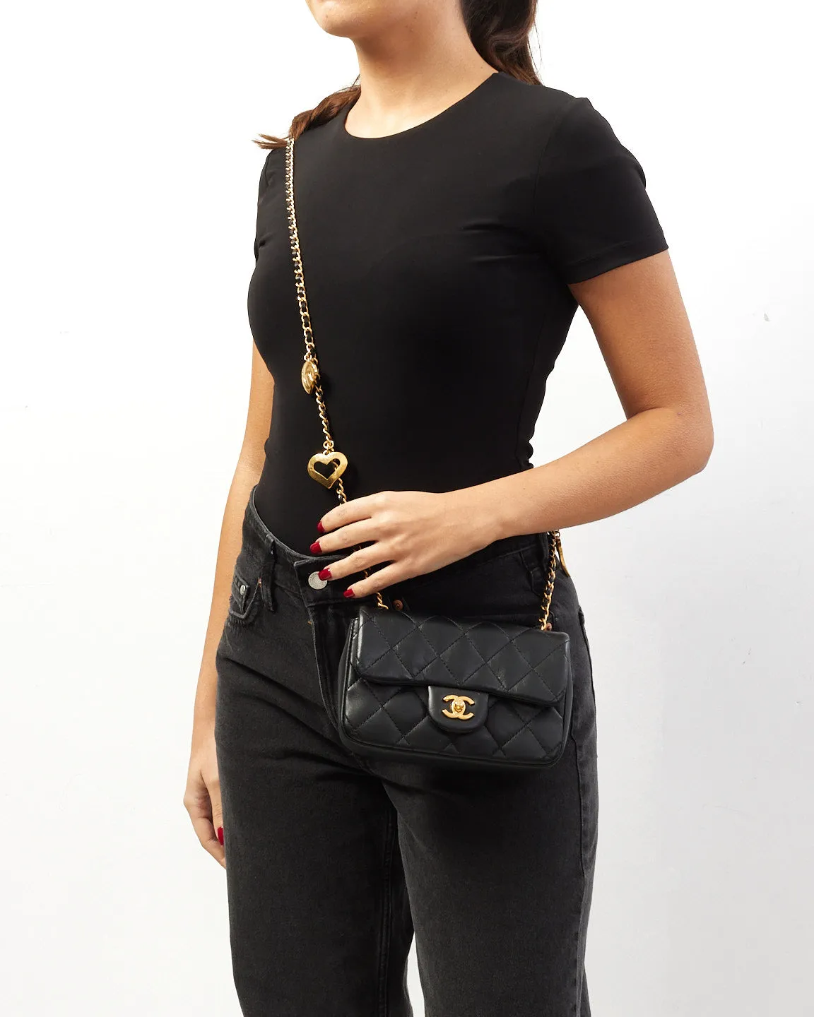 Chanel Black Lambskin CC & Heart Charm Mini Flap Bag GHW