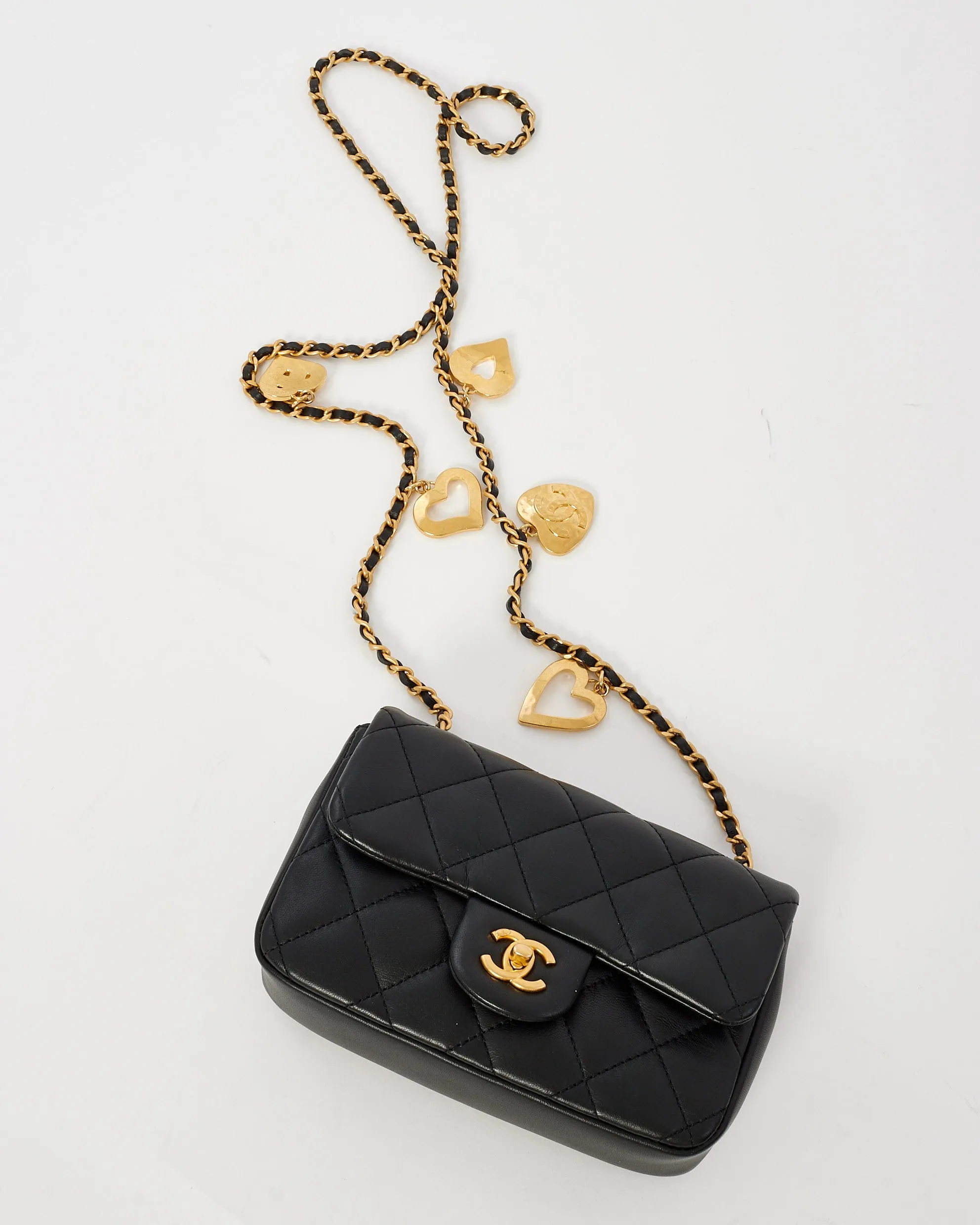 Chanel Black Lambskin CC & Heart Charm Mini Flap Bag GHW