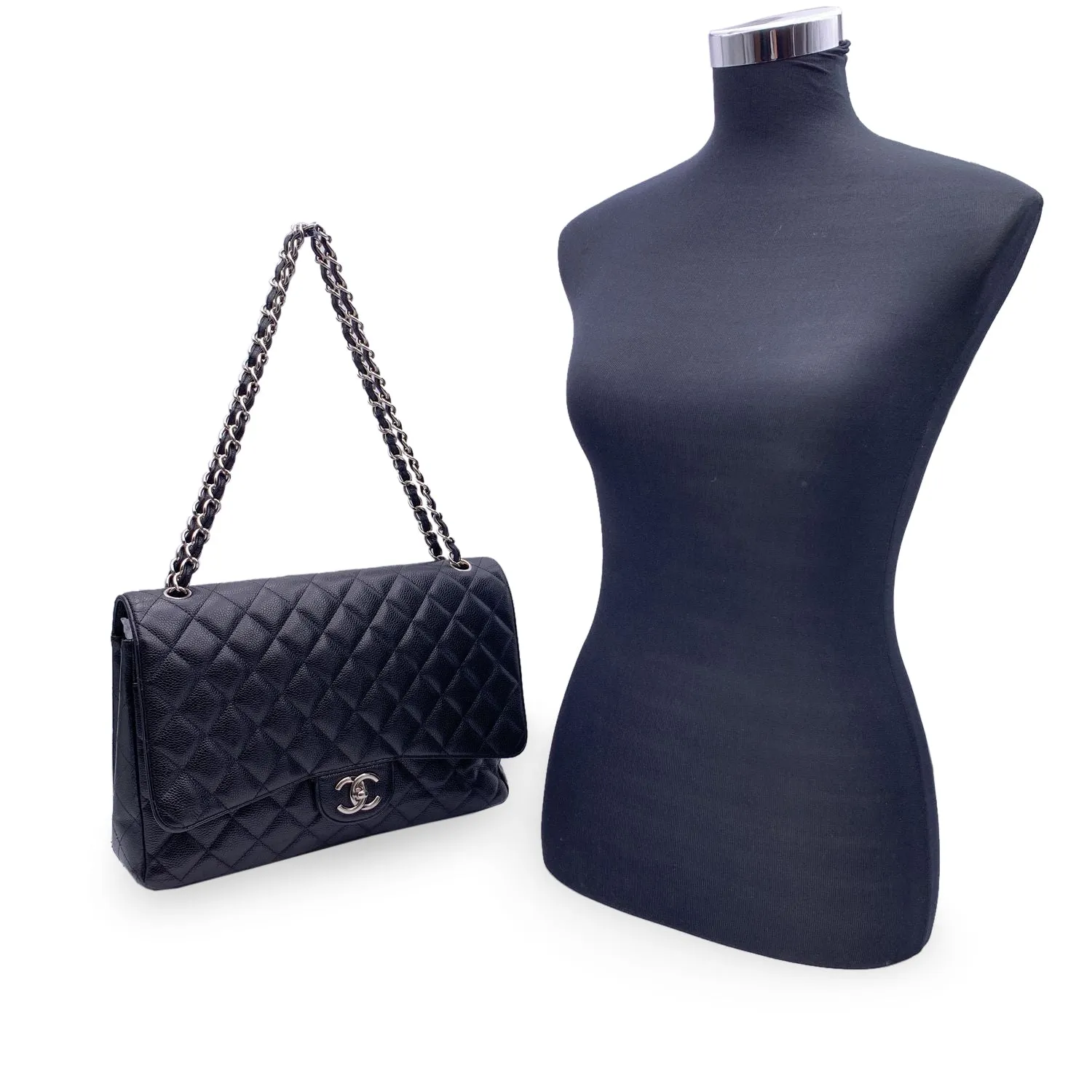 CHANEL Black Quilted Caviar Maxi Timeless Classic 2.55 Double New Bag