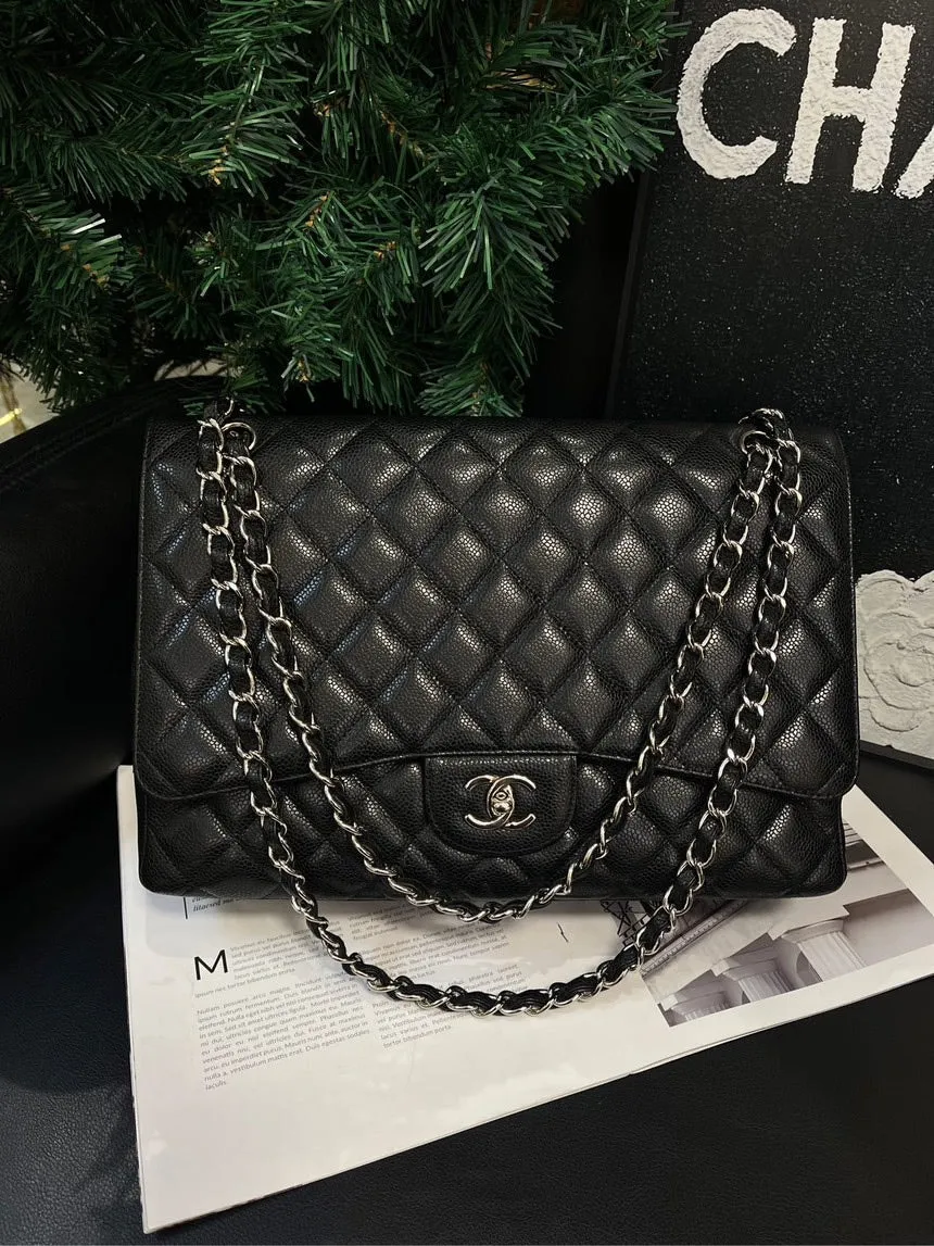 Chanel Black Silver Lychee CF Maxi One-Shoulder Crossbody Bag