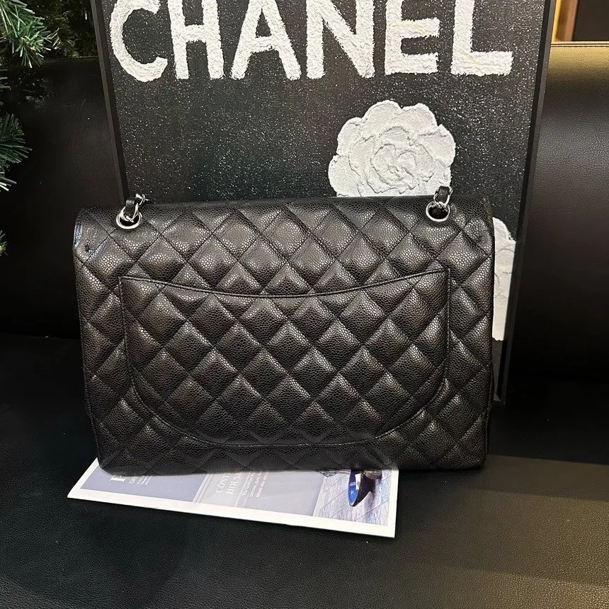 Chanel Black Silver Lychee CF Maxi One-Shoulder Crossbody Bag