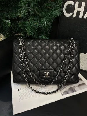Chanel Black Silver Lychee CF Maxi One-Shoulder Crossbody Bag