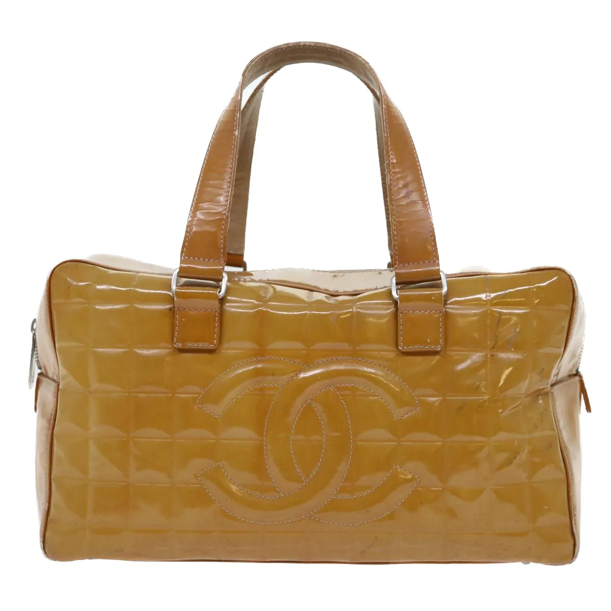 CHANEL Choco Bar Line Shoulder Bag Patent leather Yellow CC Auth bs7801