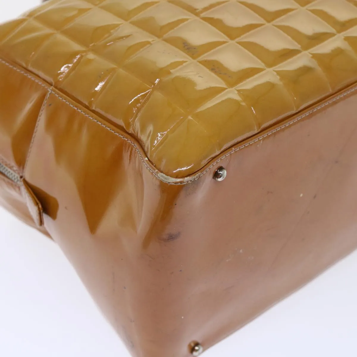 CHANEL Choco Bar Line Shoulder Bag Patent leather Yellow CC Auth bs7801