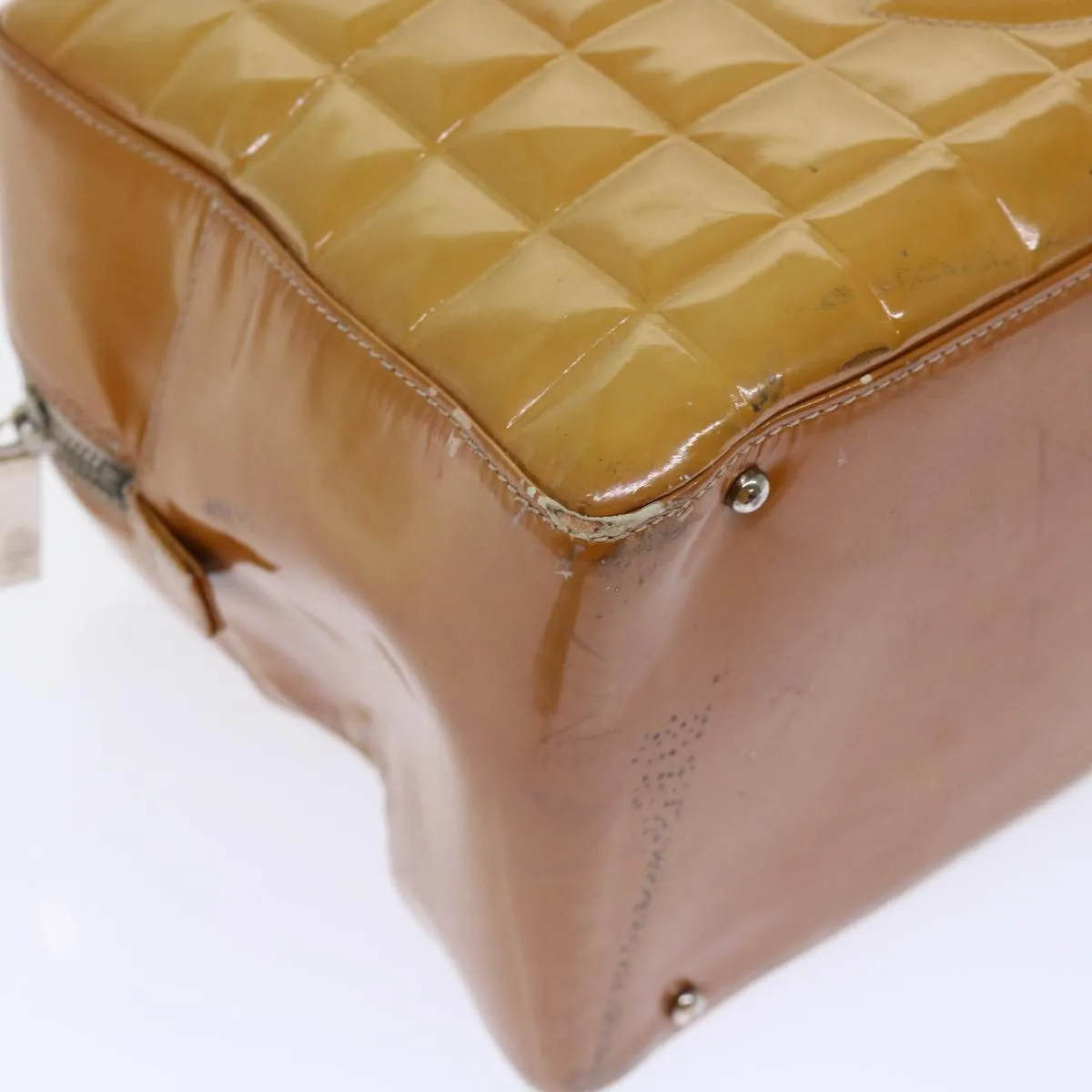 CHANEL Choco Bar Line Shoulder Bag Patent leather Yellow CC Auth bs7801